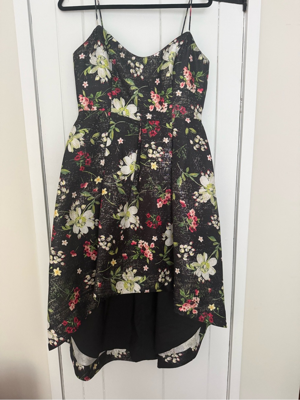 Aidan Mattox Black Floral High-Low Spaghetti Strap Dress